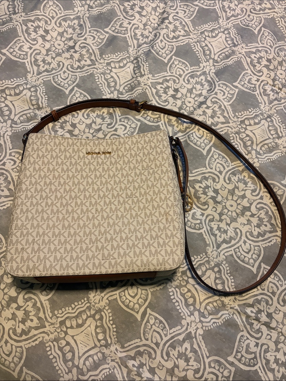 Michael Kors Beige Monogram Crossbody with Brown Strap